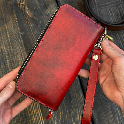 Personalized Red Leather Clutch, Full Grain Leather Clutch, women's leather wallet, Double Zipped wallet