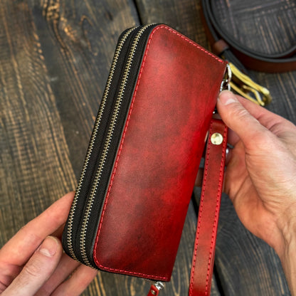 Personalized Red Leather Clutch, Full Grain Leather Clutch, women's leather wallet, Double Zipped wallet