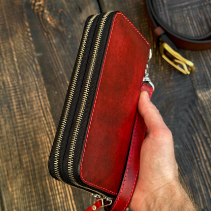 Personalized Red Leather Clutch, Full Grain Leather Clutch, women's leather wallet, Double Zipped wallet