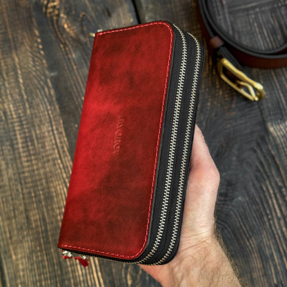 Personalized Red Leather Clutch, Full Grain Leather Clutch, women's leather wallet, Double Zipped wallet