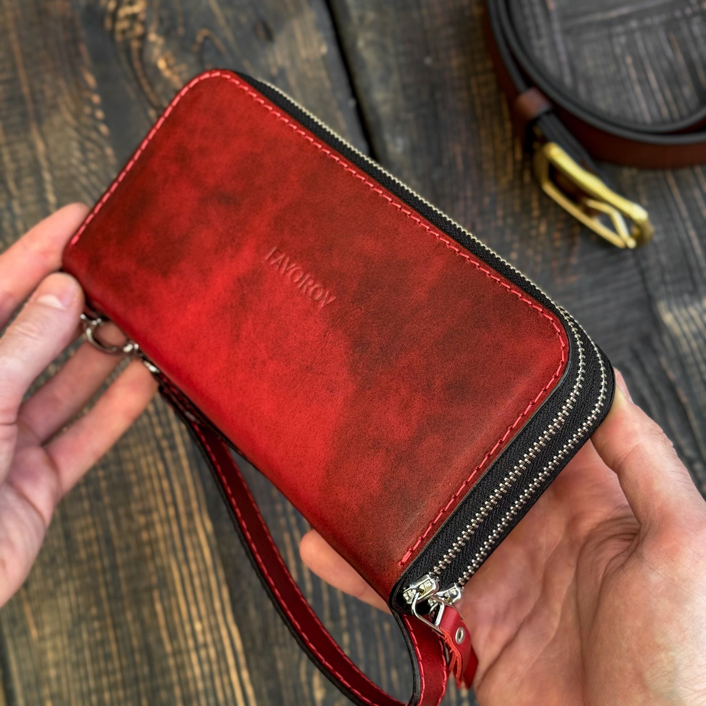 Personalized Red Leather Clutch, Full Grain Leather Clutch, women's leather wallet, Double Zipped wallet