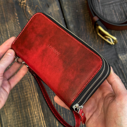Personalized Red Leather Clutch, Full Grain Leather Clutch, women's leather wallet, Double Zipped wallet