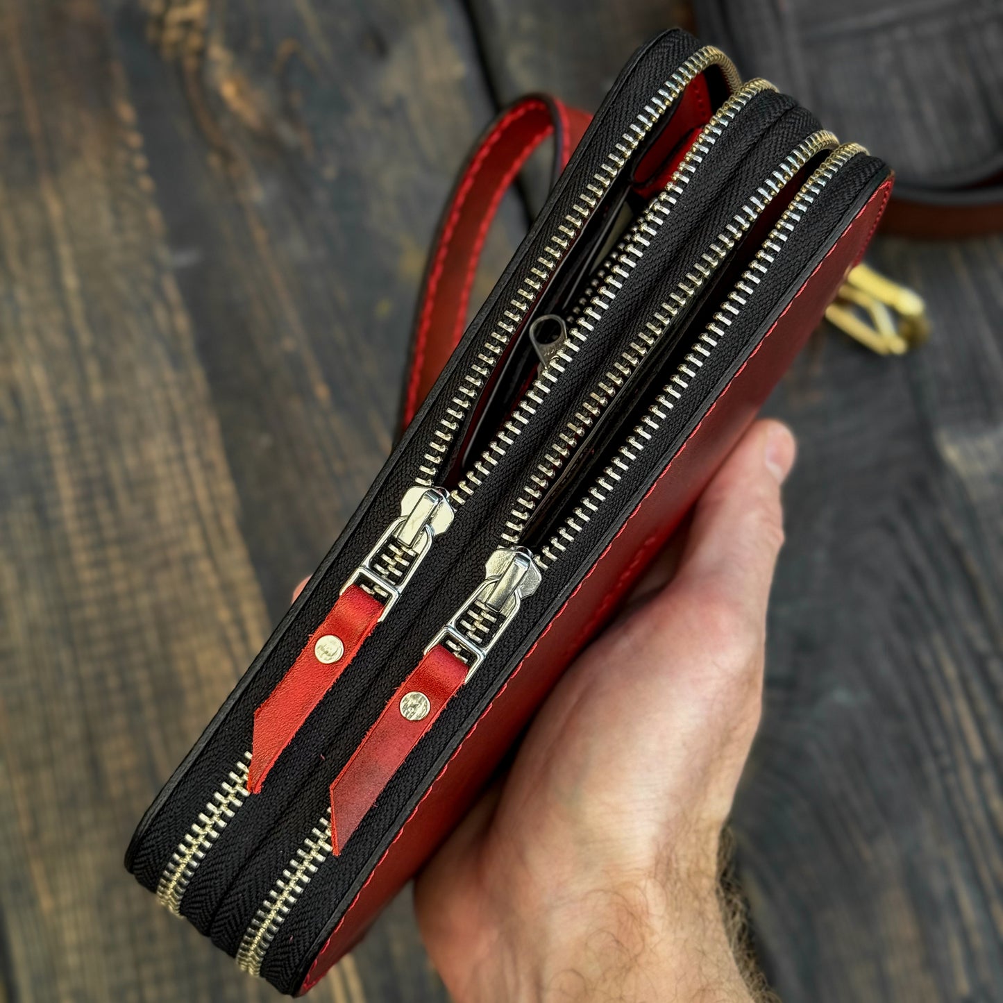 Personalized Red Leather Clutch, Full Grain Leather Clutch, women's leather wallet, Double Zipped wallet