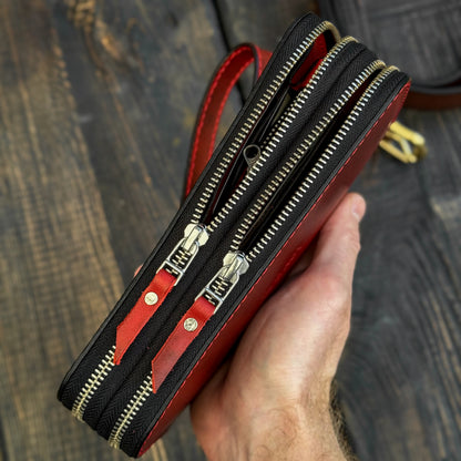 Personalized Red Leather Clutch, Full Grain Leather Clutch, women's leather wallet, Double Zipped wallet