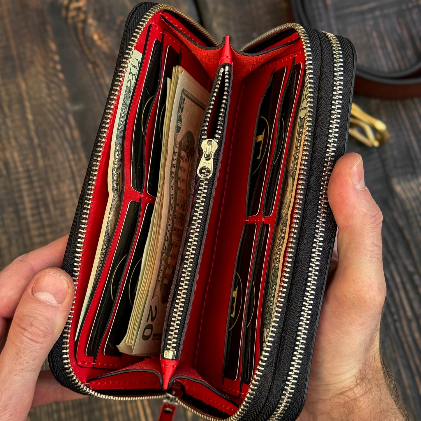 Personalized Red Leather Clutch, Full Grain Leather Clutch, women's leather wallet, Double Zipped wallet