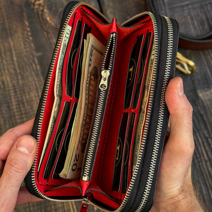 Personalized Red Leather Clutch, Full Grain Leather Clutch, women's leather wallet, Double Zipped wallet