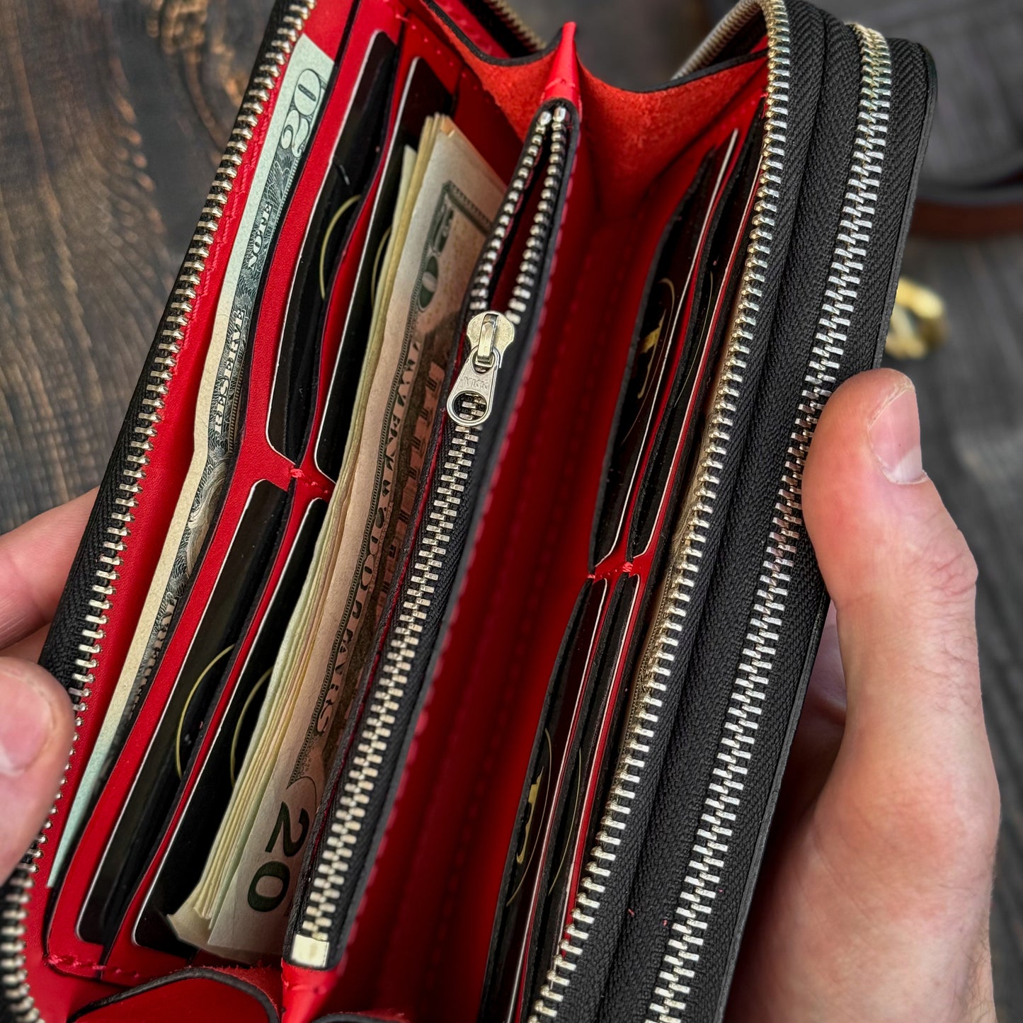 Personalized Red Leather Clutch, Full Grain Leather Clutch, women's leather wallet, Double Zipped wallet
