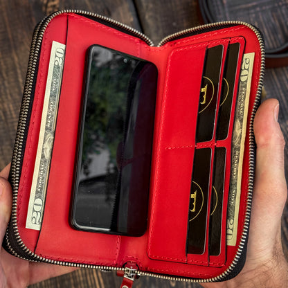 Personalized Red Leather Clutch, Full Grain Leather Clutch, women's leather wallet, Double Zipped wallet