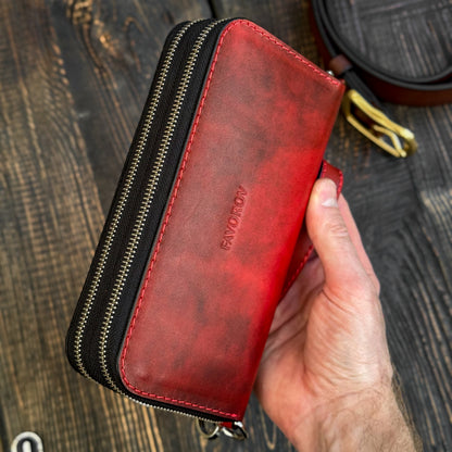 Personalized Red Leather Clutch, Full Grain Leather Clutch, women's leather wallet, Double Zipped wallet