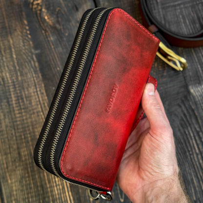Personalized Red Leather Clutch, Full Grain Leather Clutch, women's leather wallet, Double Zipped wallet
