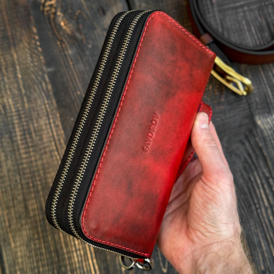 Personalized Red Leather Clutch, Full Grain Leather Clutch, women's leather wallet, Double Zipped wallet