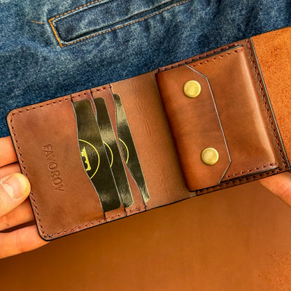 Handmade Cognac Brown Full Grain Leather Wallet – Compact Bifold with Coin Pocket