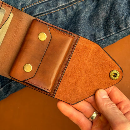 Handmade Cognac Brown Full Grain Leather Wallet – Compact Bifold with Coin Pocket