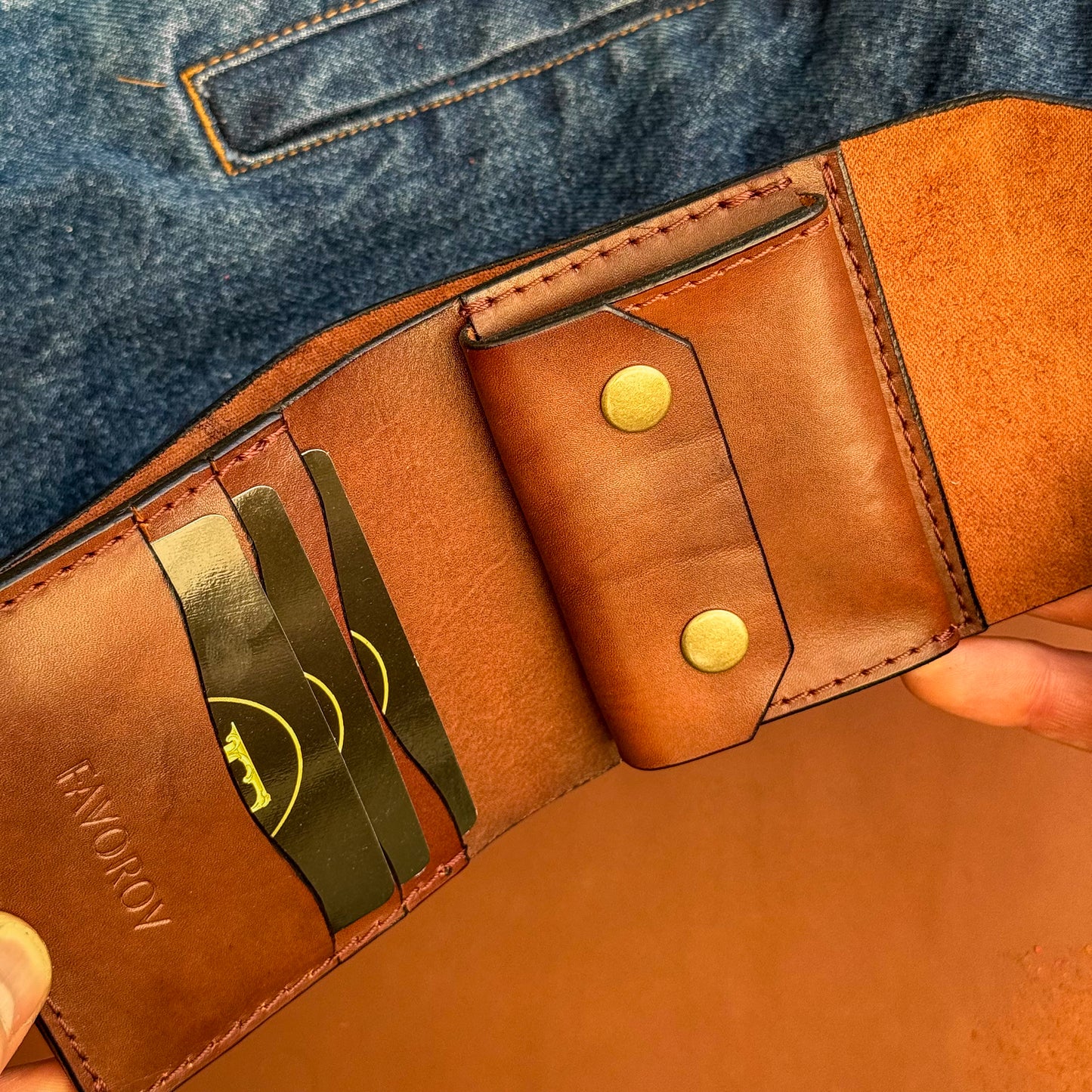 Handmade Cognac Brown Full Grain Leather Wallet – Compact Bifold with Coin Pocket