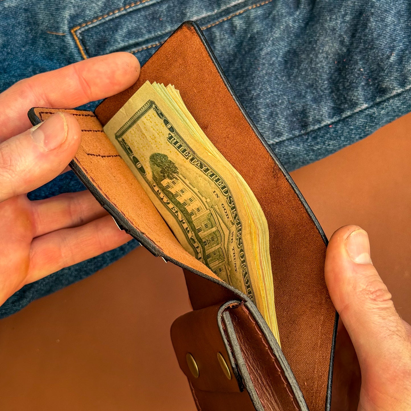 Handmade Cognac Brown Full Grain Leather Wallet – Compact Bifold with Coin Pocket