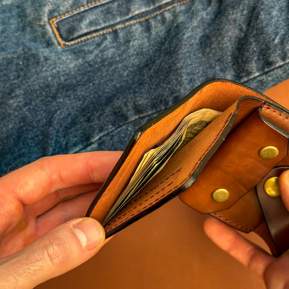 Handmade Cognac Brown Full Grain Leather Wallet – Compact Bifold with Coin Pocket