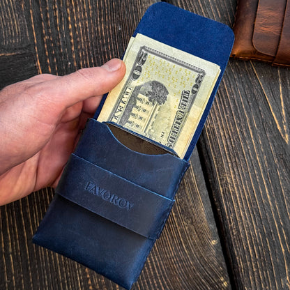 Navy blue rugged cardholder, full grain cash organizer, personalized leather anniversary gift for husband