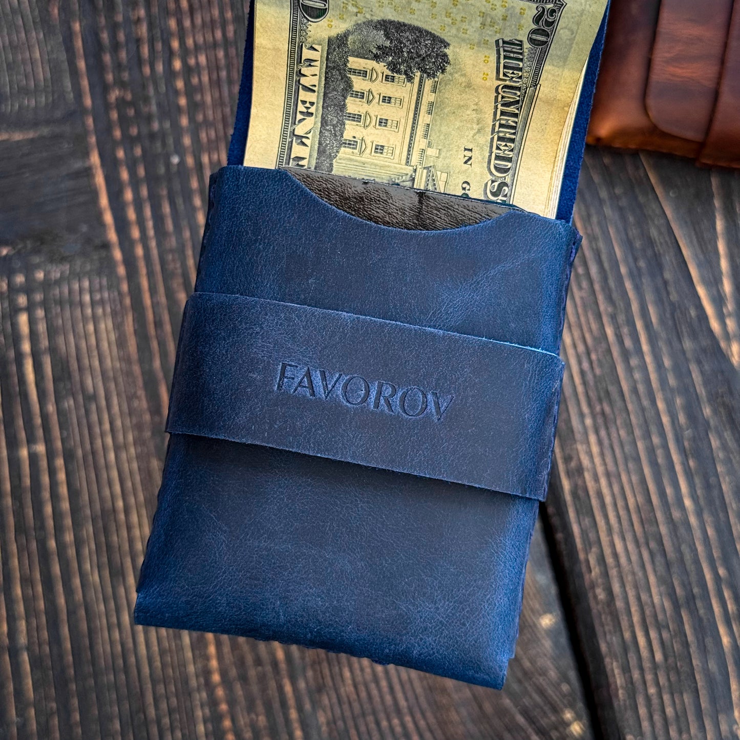 Navy blue rugged cardholder, full grain cash organizer, personalized leather anniversary gift for husband