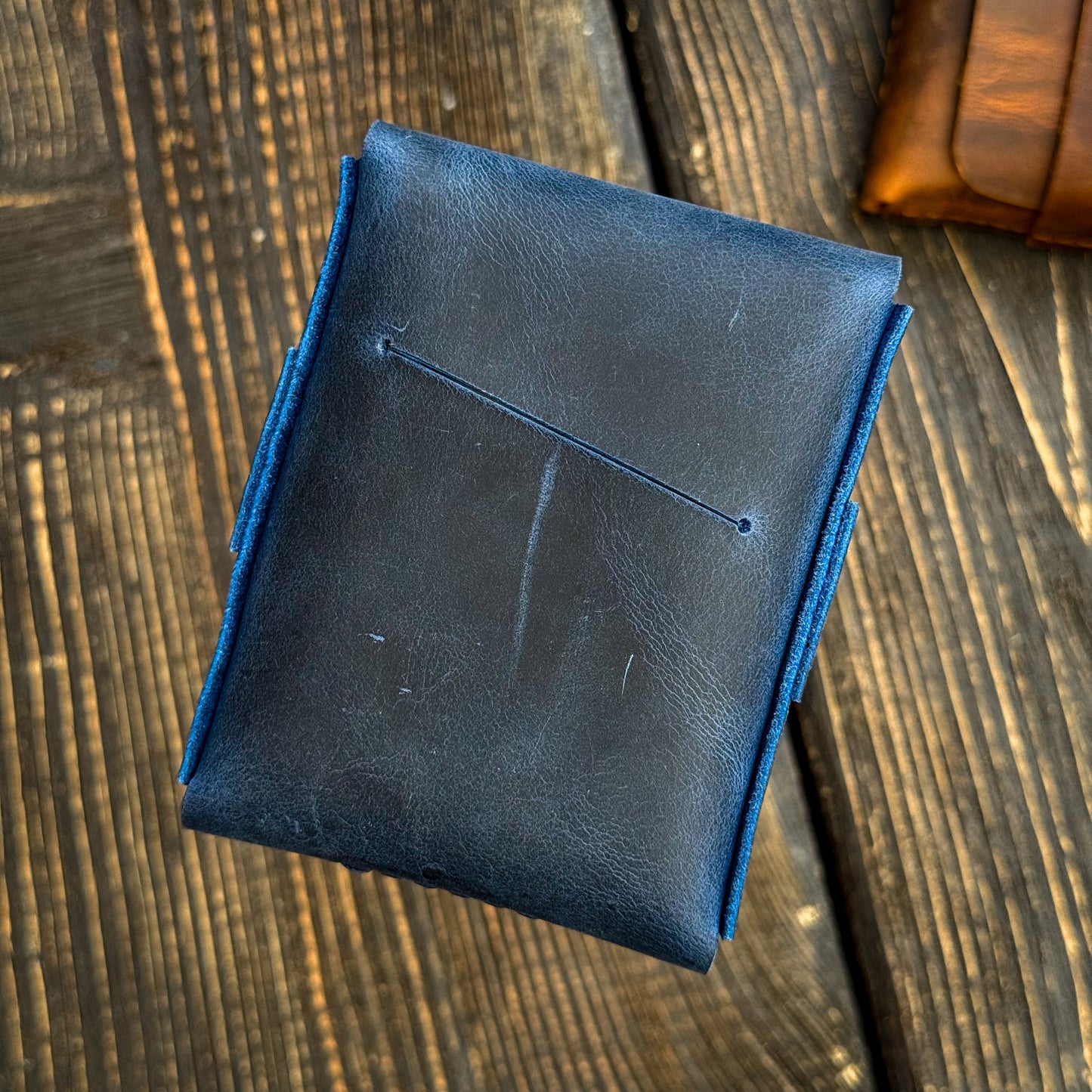 Navy blue rugged cardholder, full grain cash organizer, personalized leather anniversary gift for husband