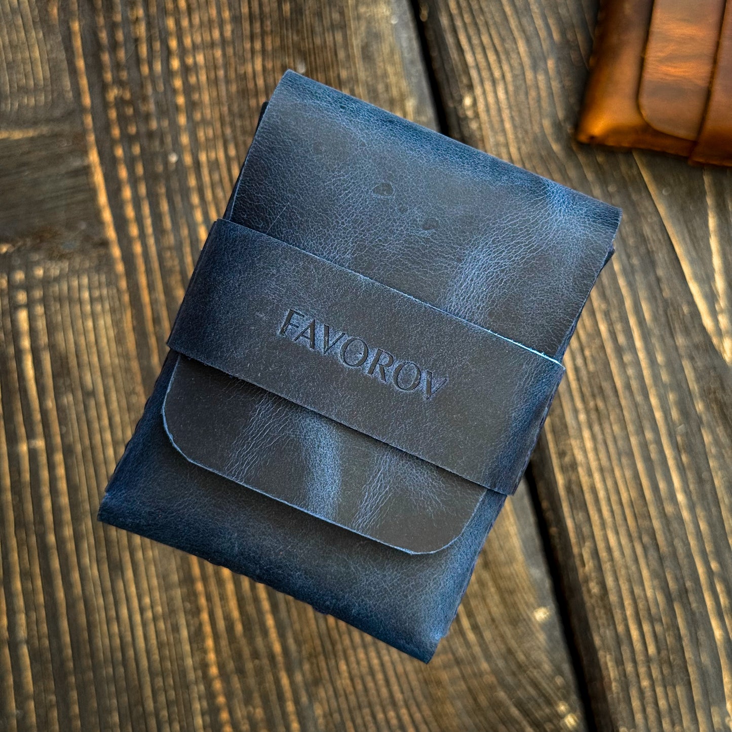 Navy blue rugged cardholder, full grain cash organizer, personalized leather anniversary gift for husband