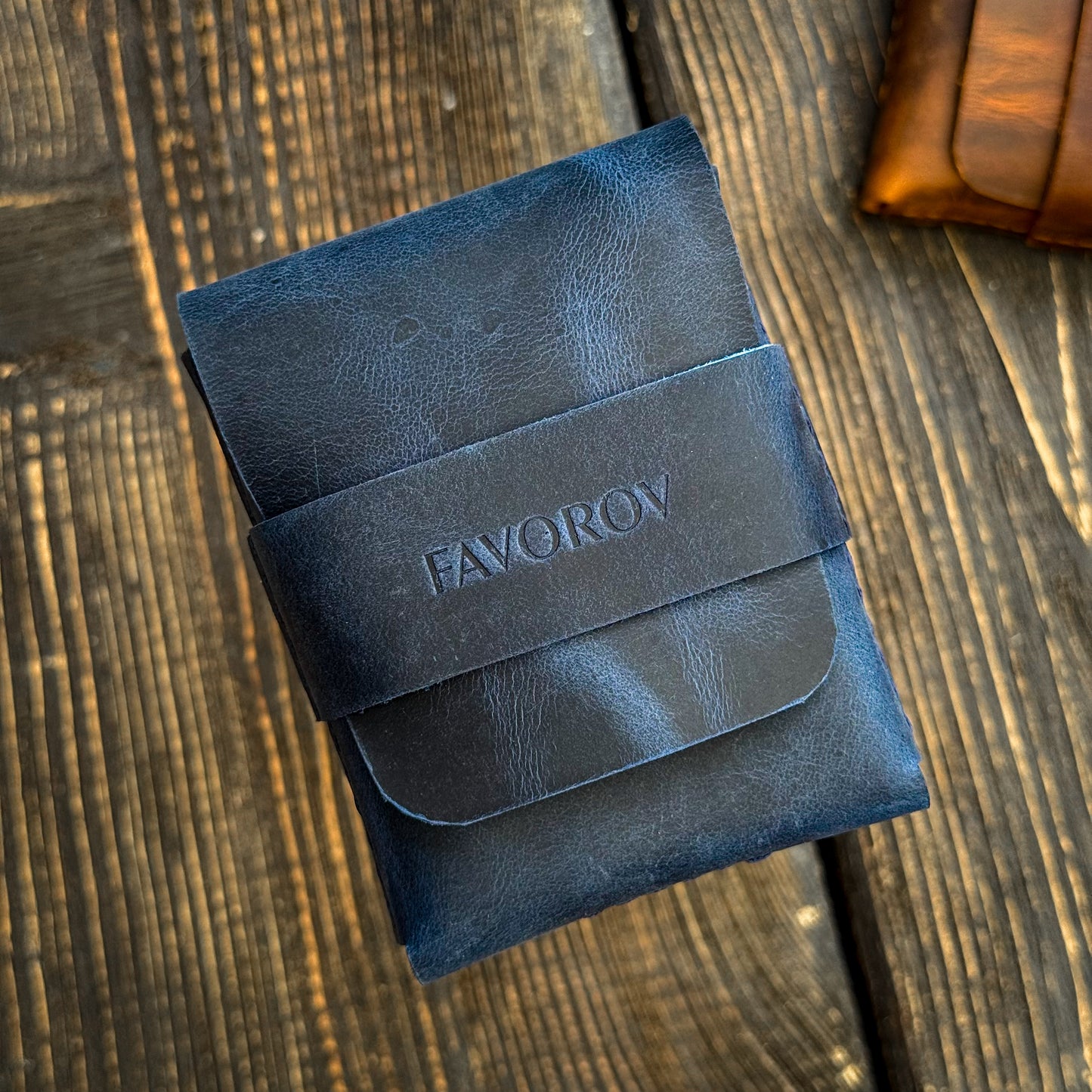 Navy blue rugged cardholder, full grain cash organizer, personalized leather anniversary gift for husband