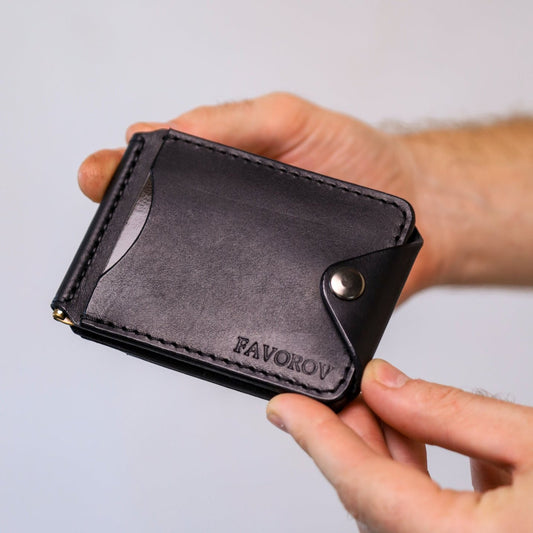 Black Leather Money Clip, Small leather wallet, Full grain Leather Money Clip