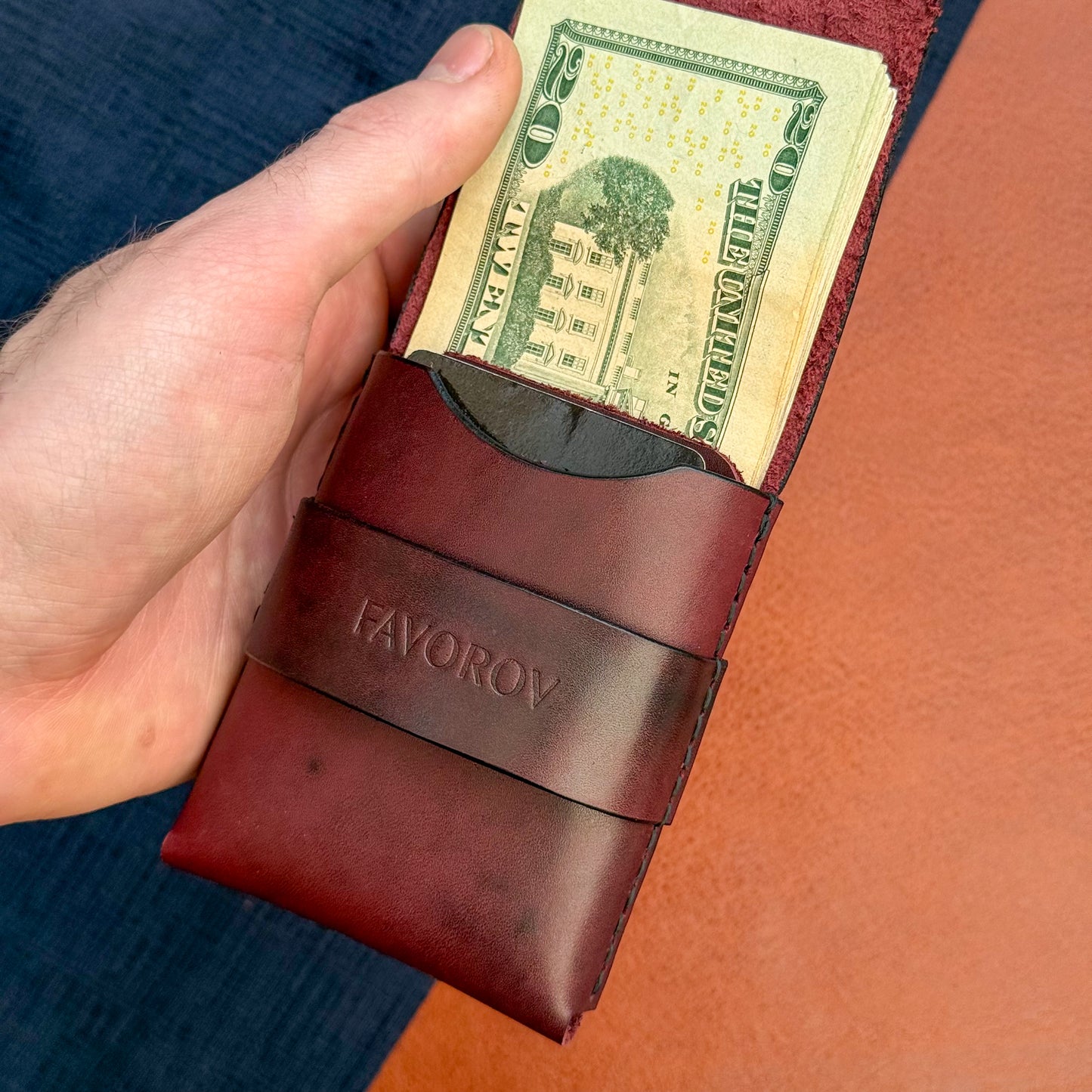 Vertical flap leather wallet, personalized small marsala cash holder, edc front pocket card sleeve