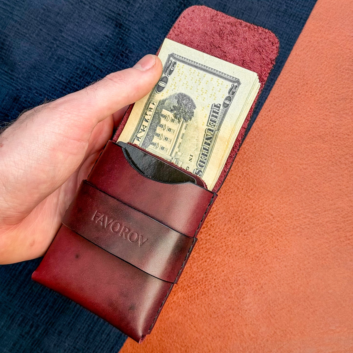 Vertical flap leather wallet, personalized small marsala cash holder, edc front pocket card sleeve