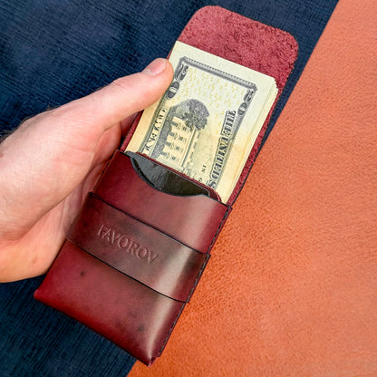 Vertical flap leather wallet, personalized small marsala cash holder, edc front pocket card sleeve