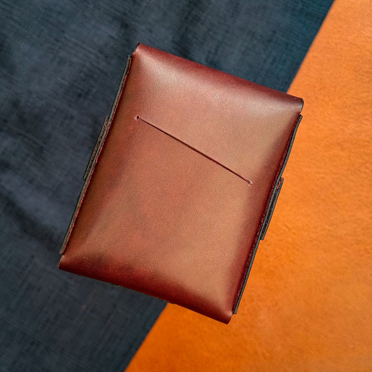 Vertical flap leather wallet, personalized small marsala cash holder, edc front pocket card sleeve
