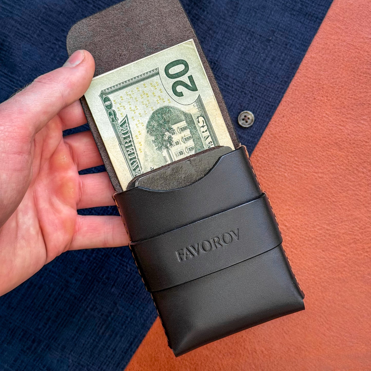Slim vertical cash sleeve, personalized classic brown cardholder, custom anniversary gift for him