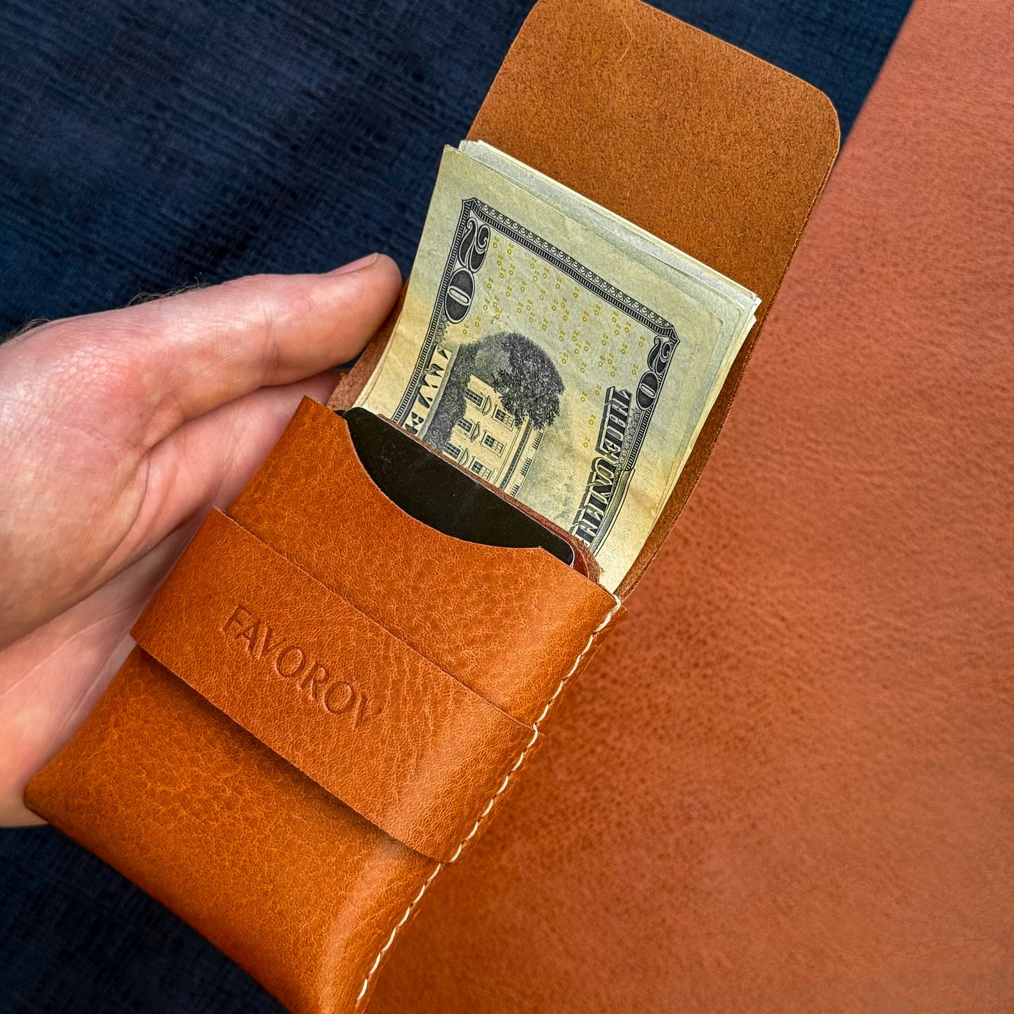 Orange veg tanned wallet, personalized artisan eco card holder, flap closure vertical cash sleeve