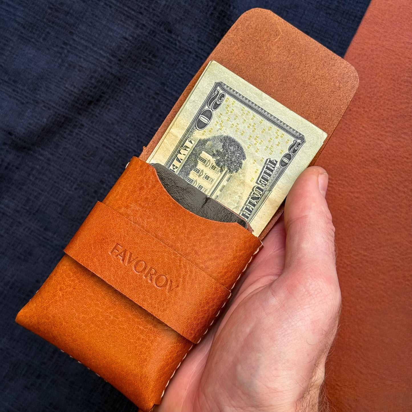 Orange veg tanned wallet, personalized artisan eco card holder, flap closure vertical cash sleeve