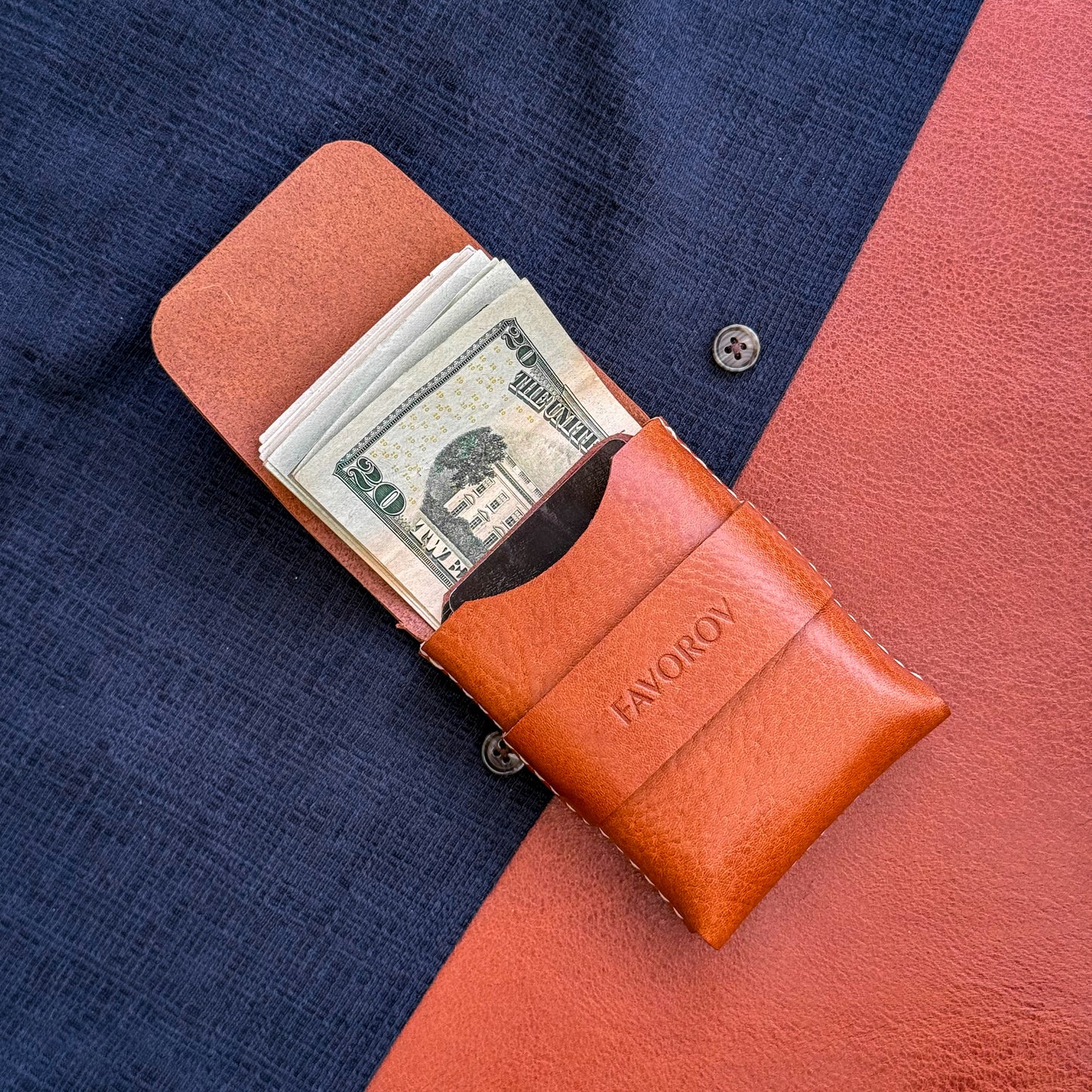 Orange veg tanned wallet, personalized artisan eco card holder, flap closure vertical cash sleeve