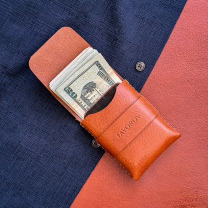 Orange veg tanned wallet, personalized artisan eco card holder, flap closure vertical cash sleeve