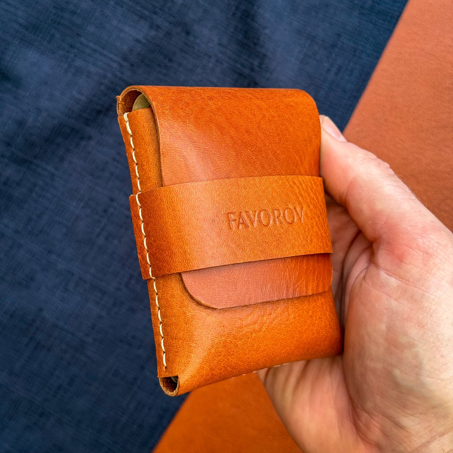 Orange veg tanned wallet, personalized artisan eco card holder, flap closure vertical cash sleeve