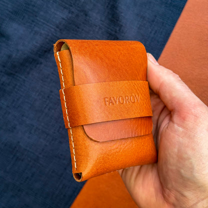 Orange veg tanned wallet, personalized artisan eco card holder, flap closure vertical cash sleeve