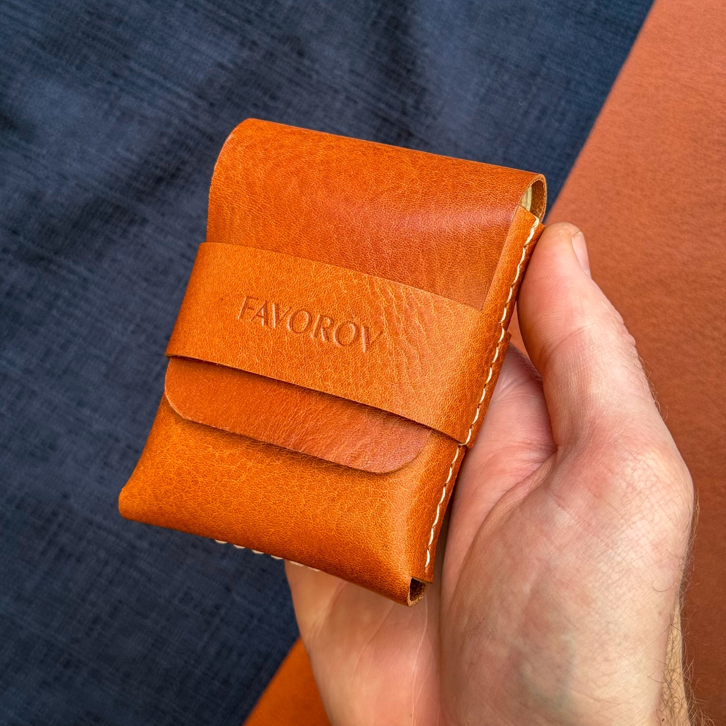 Orange veg tanned wallet, personalized artisan eco card holder, flap closure vertical cash sleeve