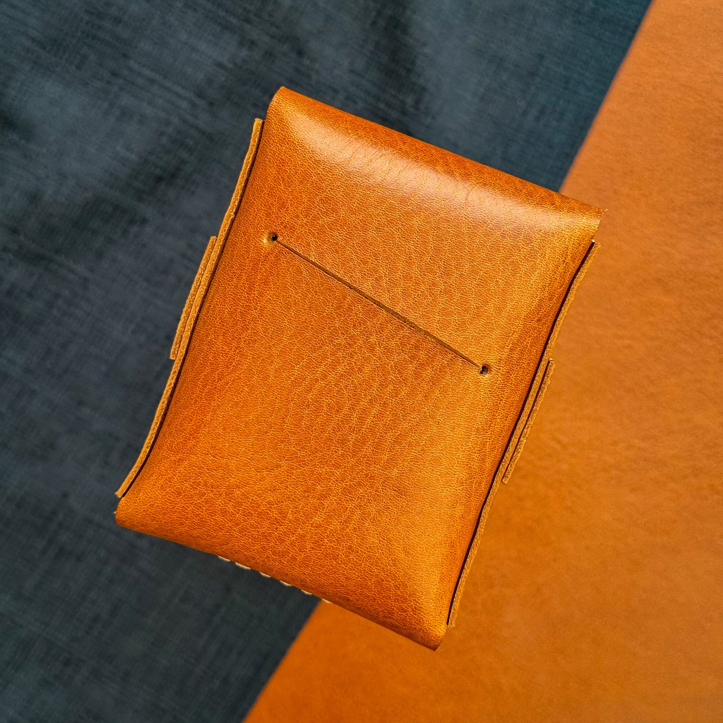 Orange veg tanned wallet, personalized artisan eco card holder, flap closure vertical cash sleeve