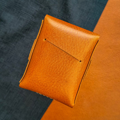Orange veg tanned wallet, personalized artisan eco card holder, flap closure vertical cash sleeve