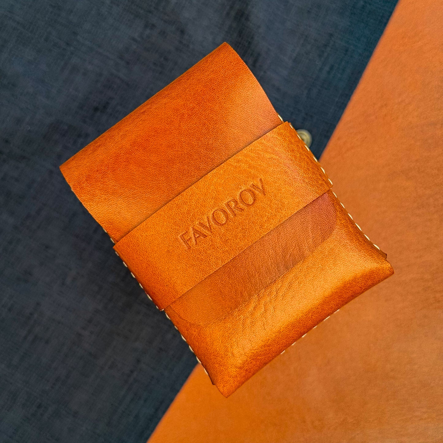 Orange veg tanned wallet, personalized artisan eco card holder, flap closure vertical cash sleeve