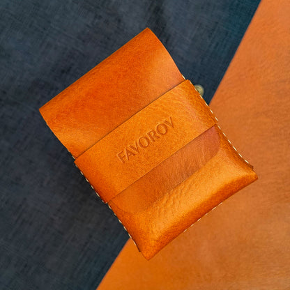 Orange veg tanned wallet, personalized artisan eco card holder, flap closure vertical cash sleeve