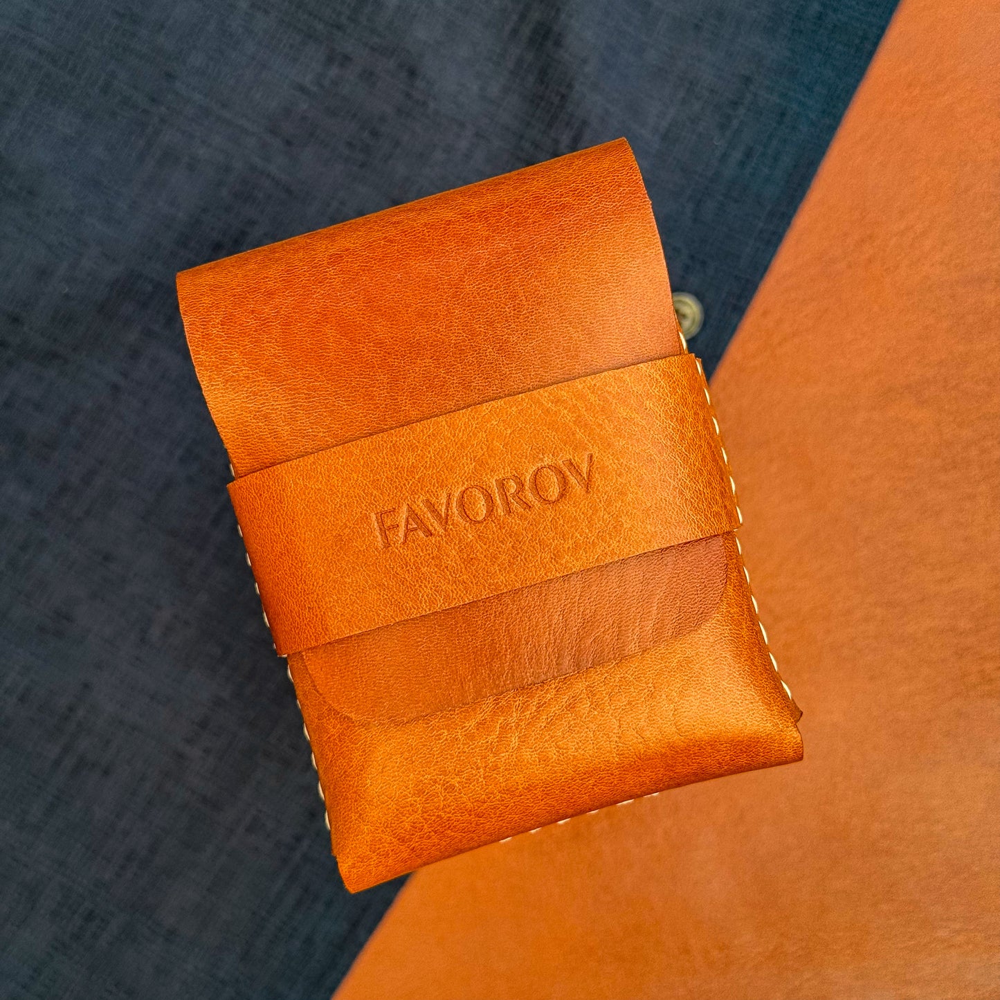 Orange veg tanned wallet, personalized artisan eco card holder, flap closure vertical cash sleeve