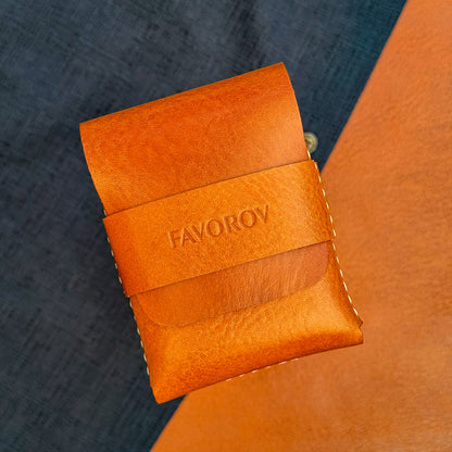 Orange veg tanned wallet, personalized artisan eco card holder, flap closure vertical cash sleeve