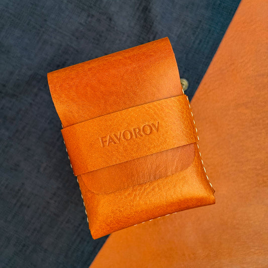 Orange veg tanned wallet, personalized artisan eco card holder, flap closure vertical cash sleeve