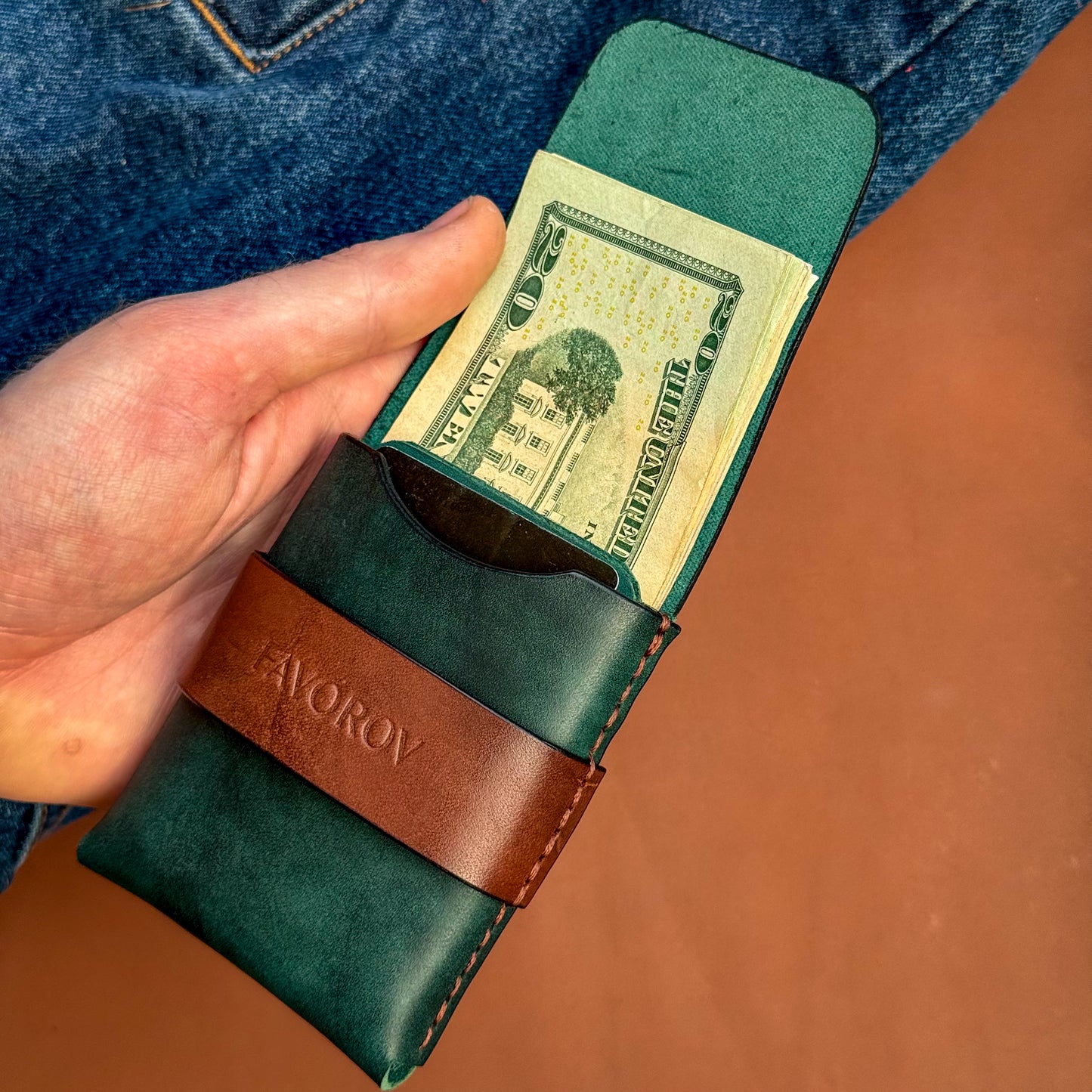 Two tone leather wallet, front pocket cash & cards organizer, personalized compact flap closure cardholder
