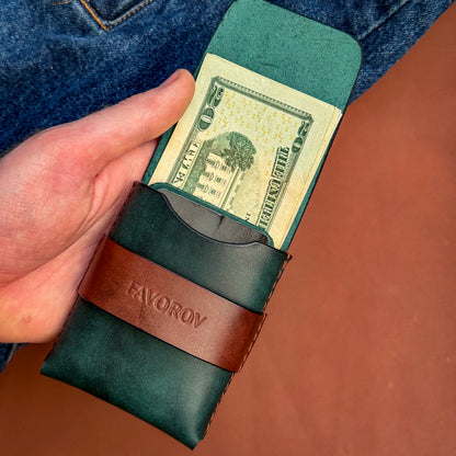 Two tone leather wallet, front pocket cash & cards organizer, personalized compact flap closure cardholder