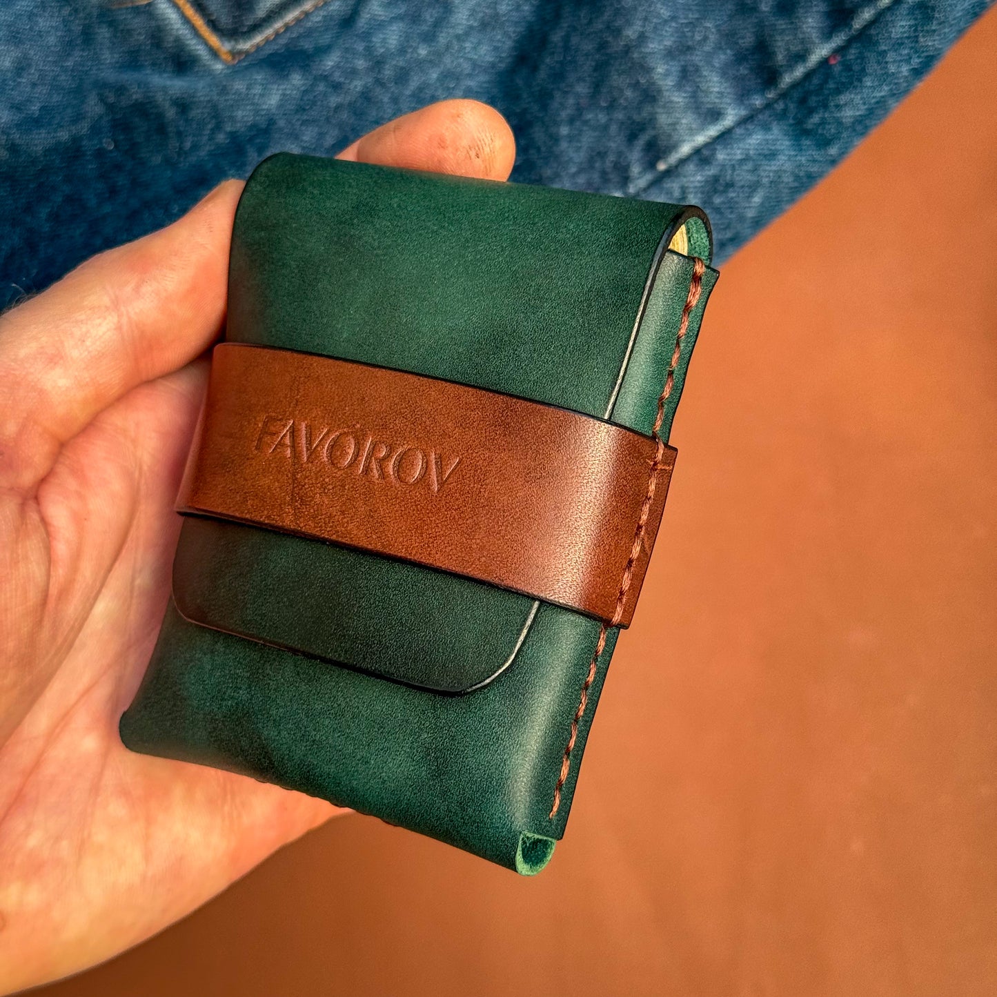 Two tone leather wallet, front pocket cash & cards organizer, personalized compact flap closure cardholder
