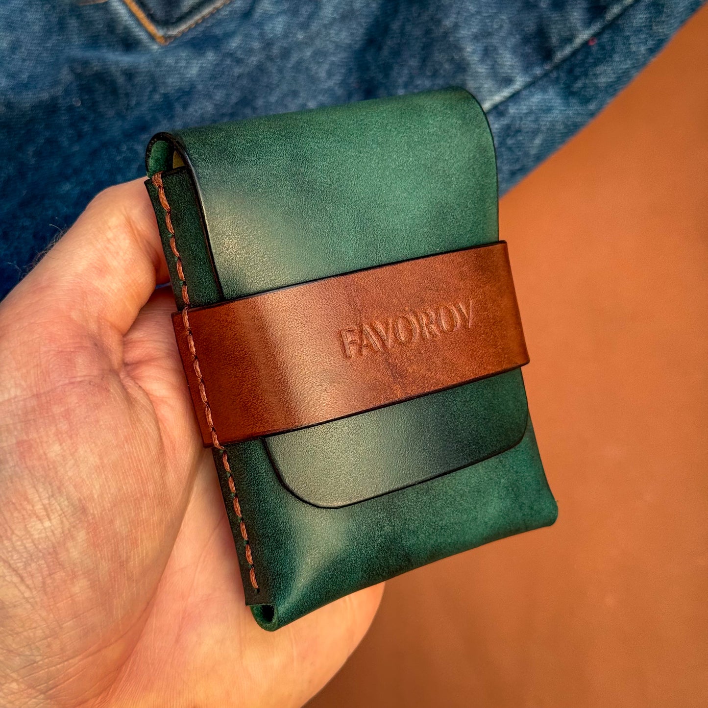 Two tone leather wallet, front pocket cash & cards organizer, personalized compact flap closure cardholder