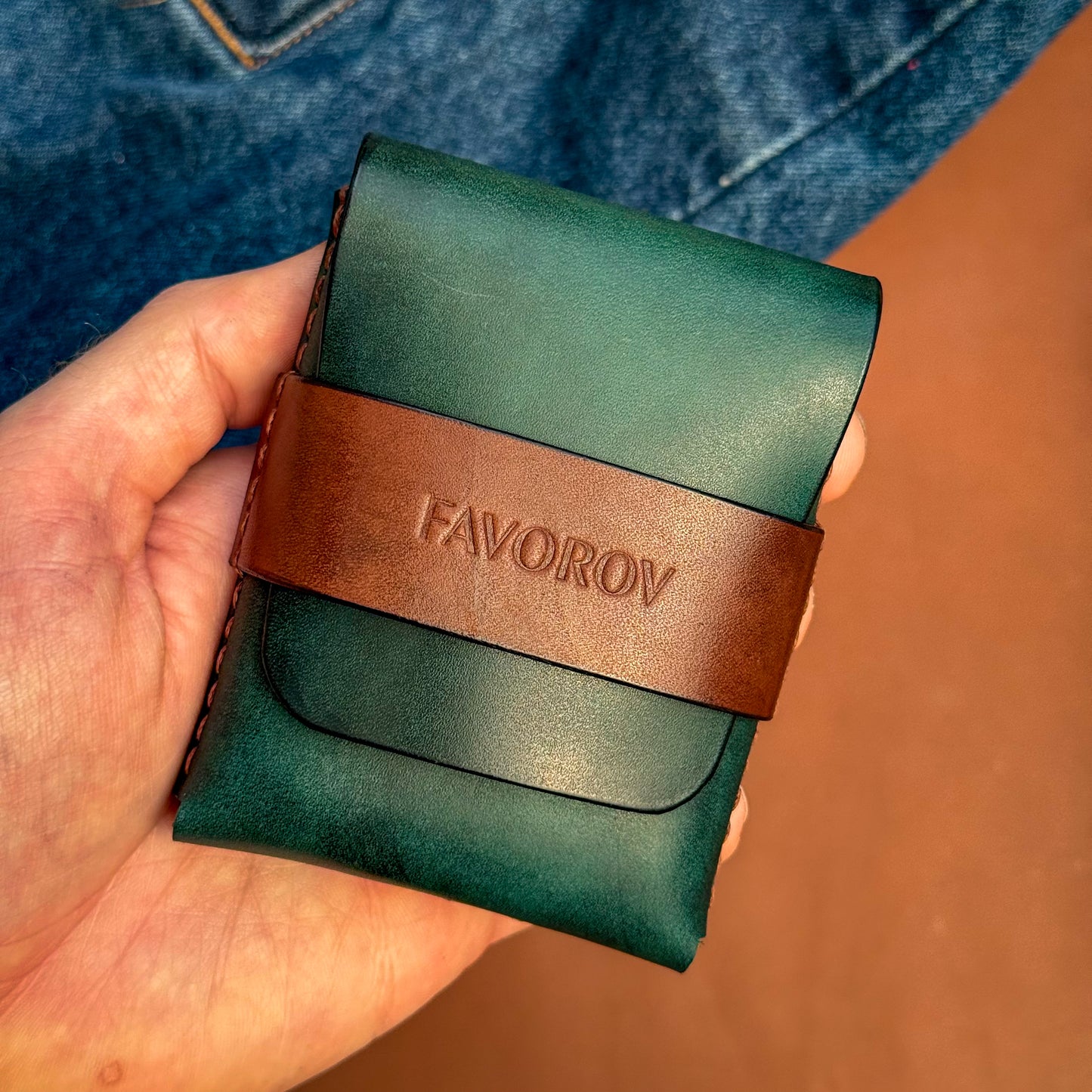 Two tone leather wallet, front pocket cash & cards organizer, personalized compact flap closure cardholder